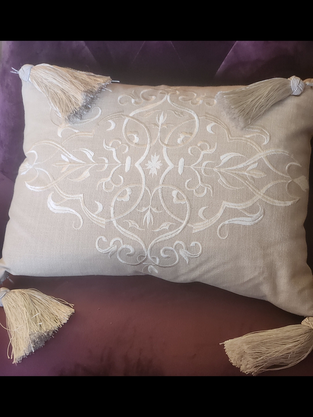 Cream Embroidered Tassel Accent Pillow -